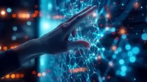 hand interacting with digital network showcasing futuristic technology data visualization vividly lit environment 124507 302885